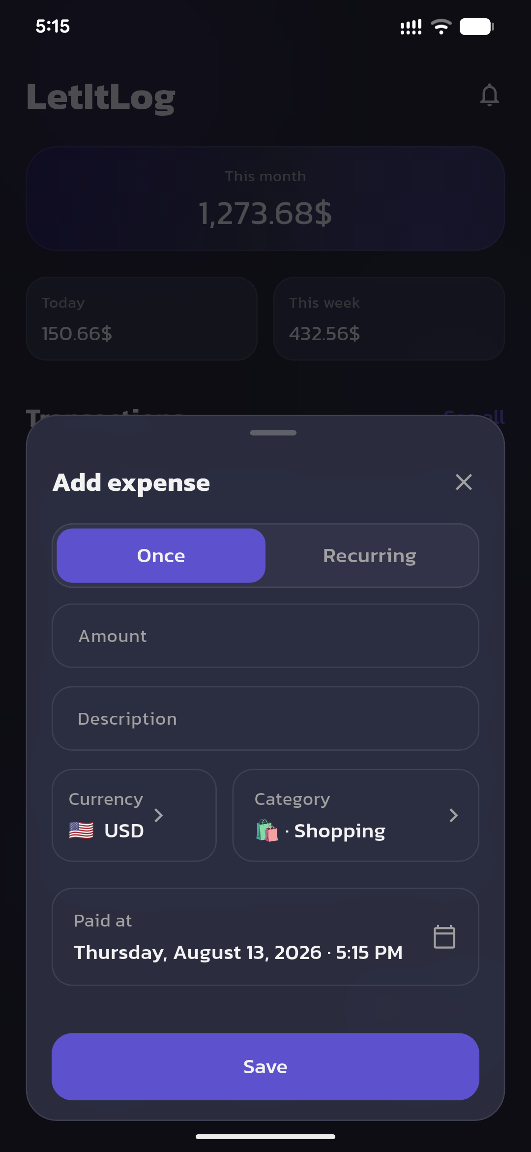 LetItLog add-once expense sheet