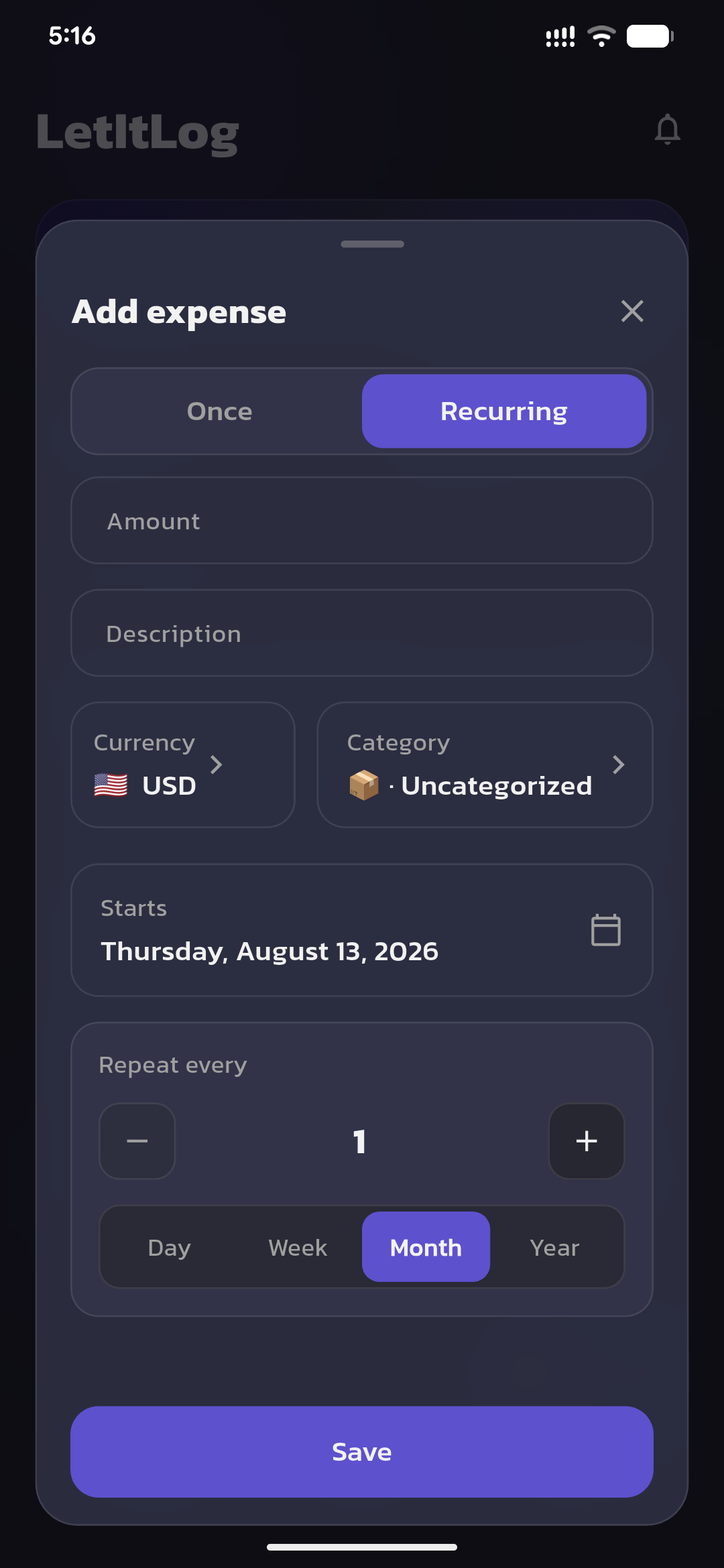 LetItLog recurring expense sheet