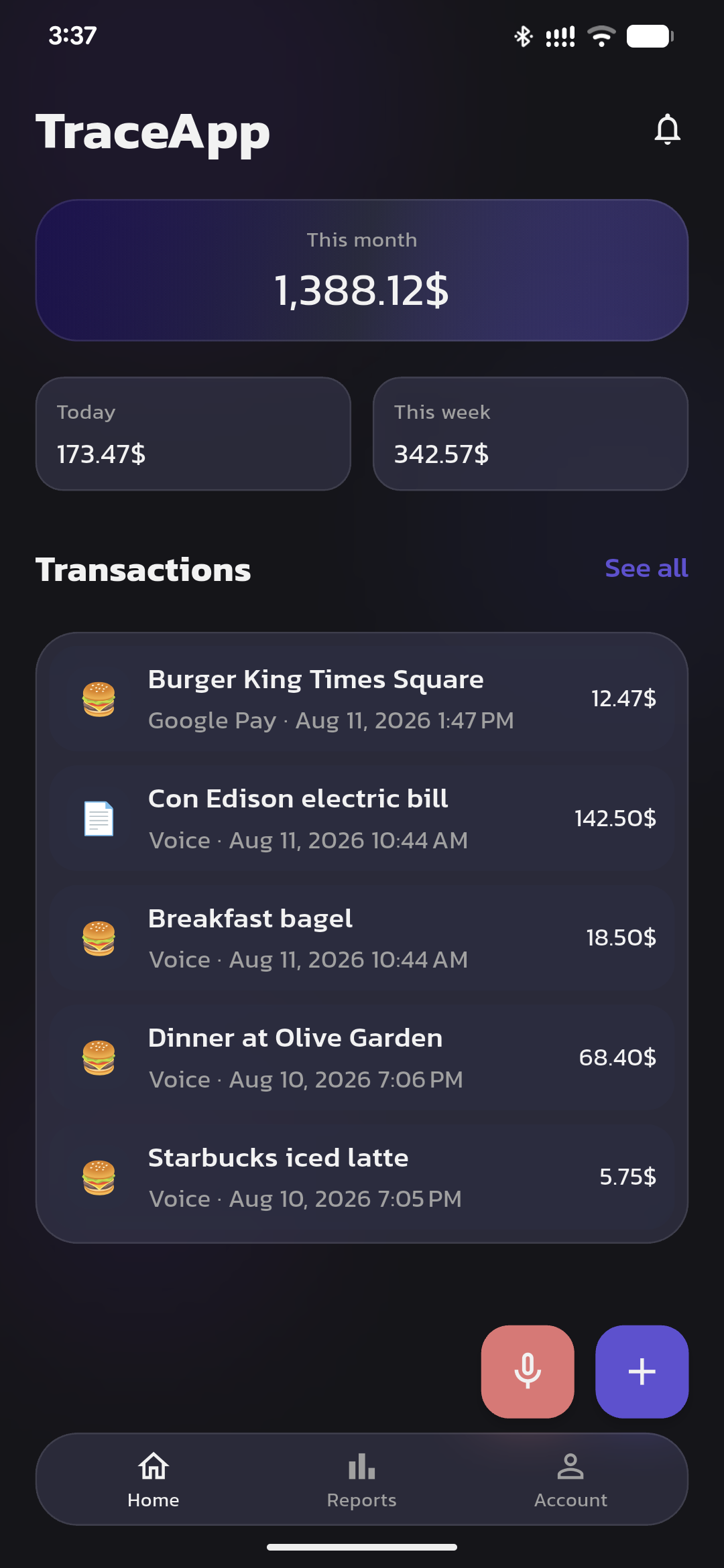 TraceApp home screen showing the transaction list