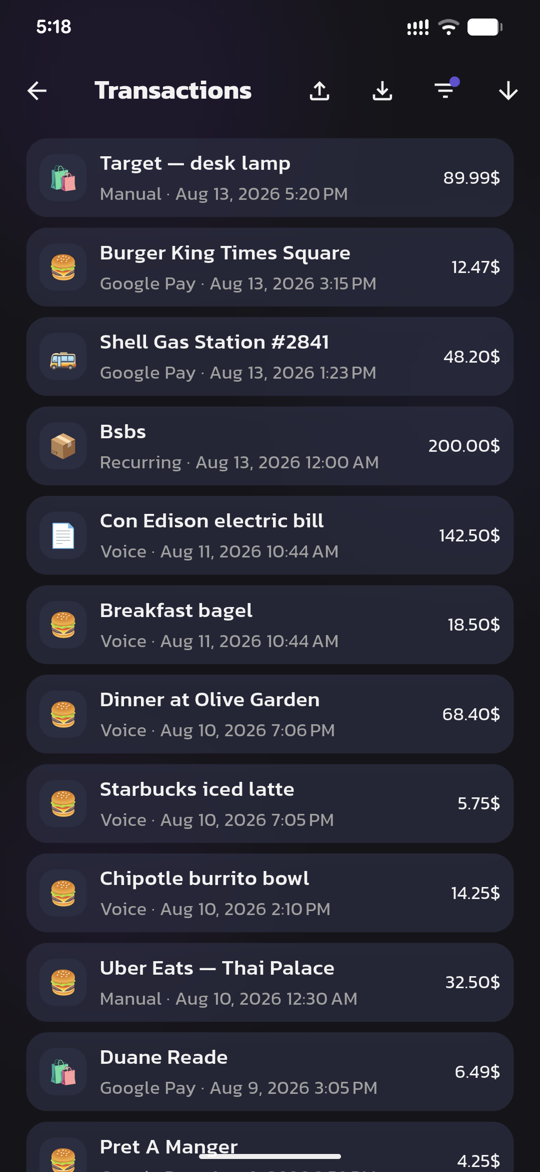 LetItLog transaction list tagged Manual, Google Pay, Voice, and Recurring